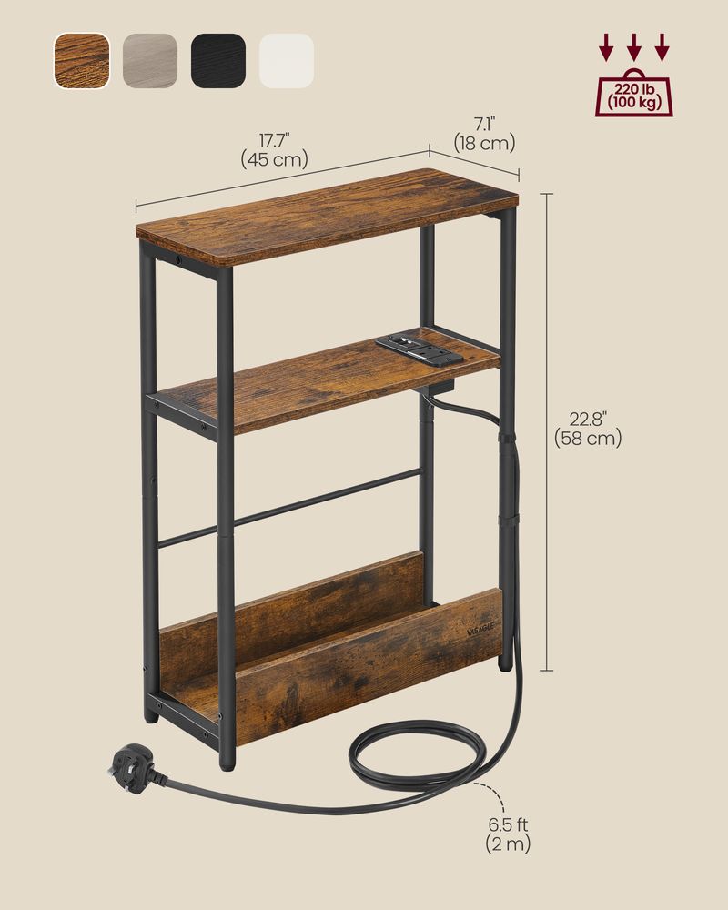 Side Table - Integrated Charging Station Design - Slim Storage Unit 3-Tier