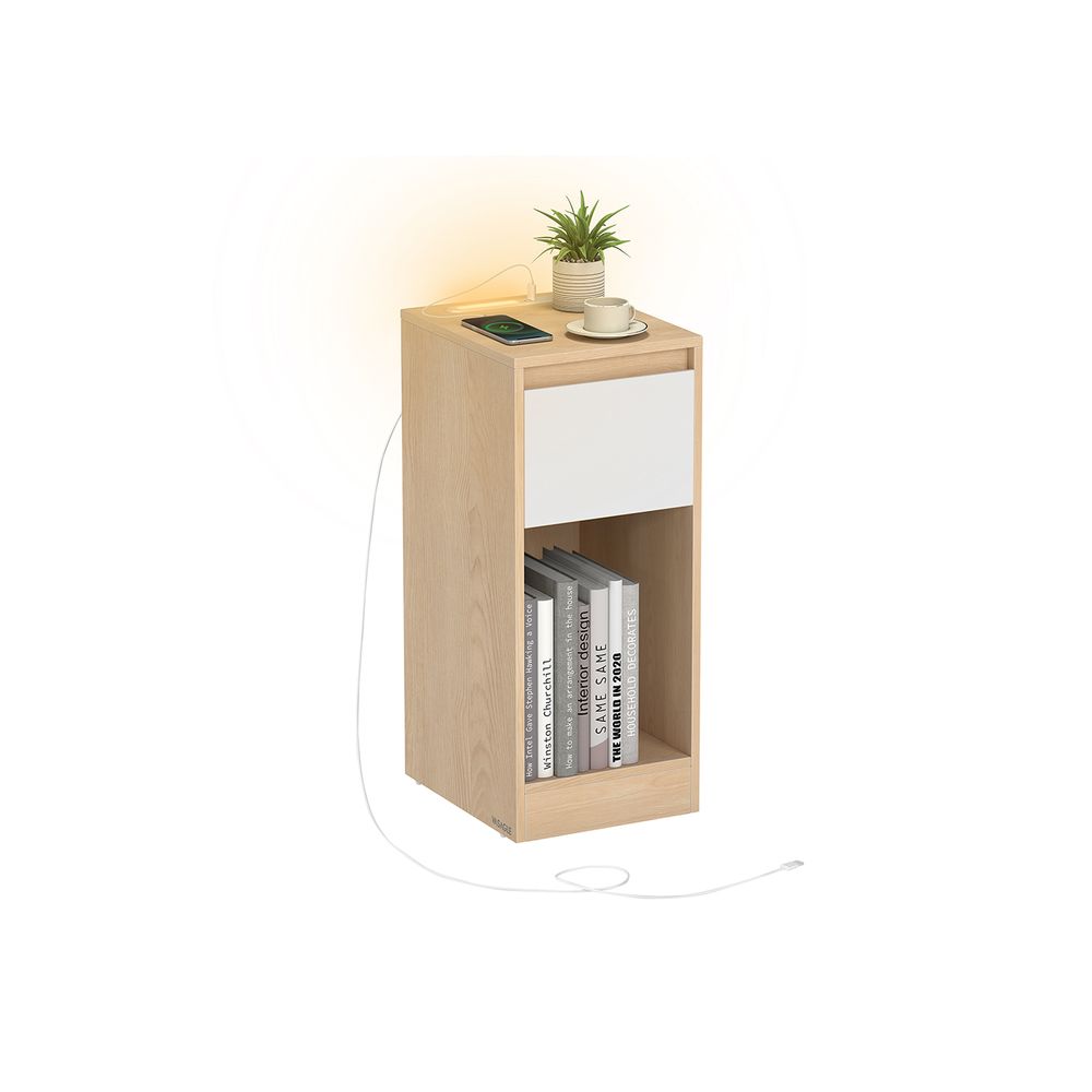 Bedside Table - Integrated Charging Station with LED Light - Slim Storage Drawer Design