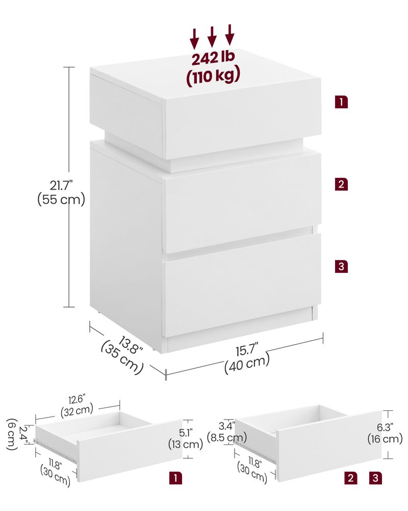 Bedside Table - LED Lighting Storage Design - 3 Drawers Unit