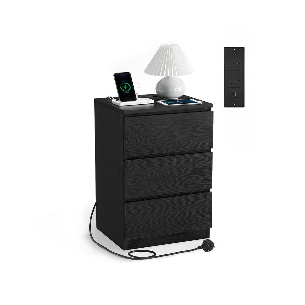 Bedside Table - Integrated Power Strip Design - 3 Drawers Storage Unit