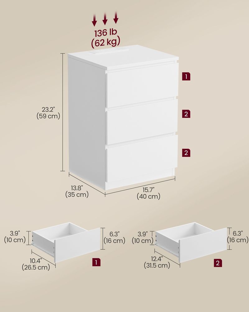 Bedside Table - Integrated Power Strip Design - 3 Drawers Storage Unit
