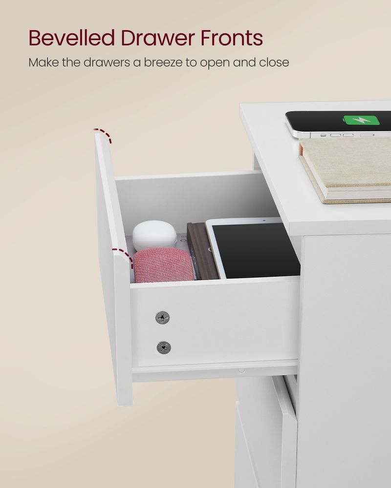 Bedside Table - Integrated Power Strip Design - 3 Drawers Storage Unit