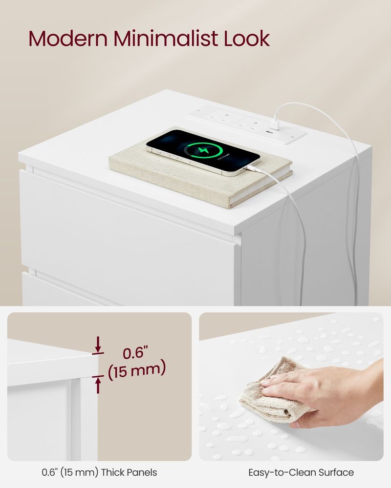 Bedside Table - Integrated Power Strip Design - 3 Drawers Storage Unit