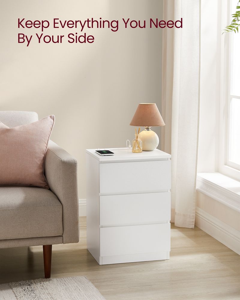 Bedside Table - Integrated Power Strip Design - 3 Drawers Storage Unit