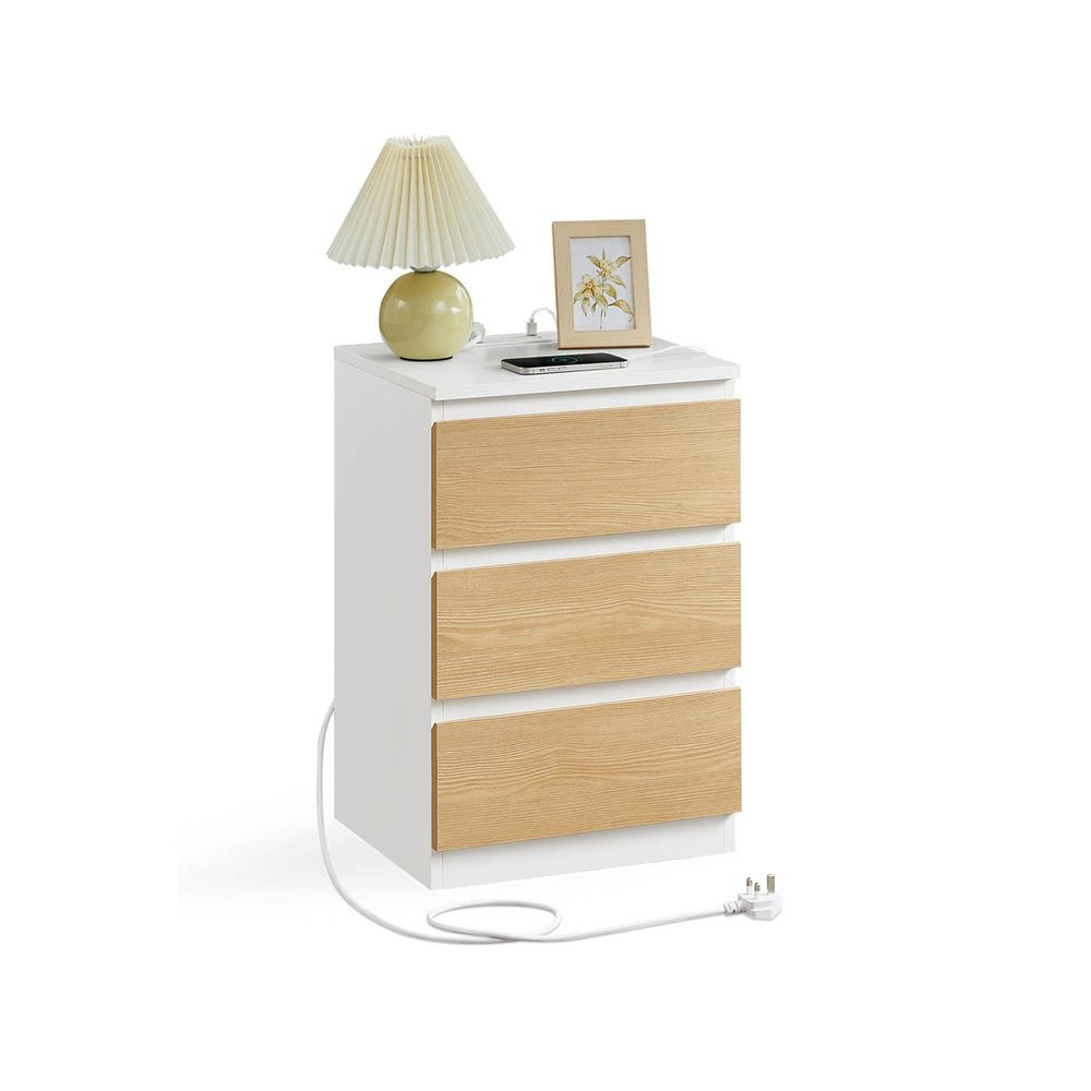 Bedside Table - Integrated Power Strip Design - 3 Drawers Storage Unit