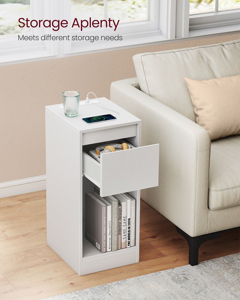 Bedside Table - Integrated Charging Station with LED Light - Slim Storage Drawer Design
