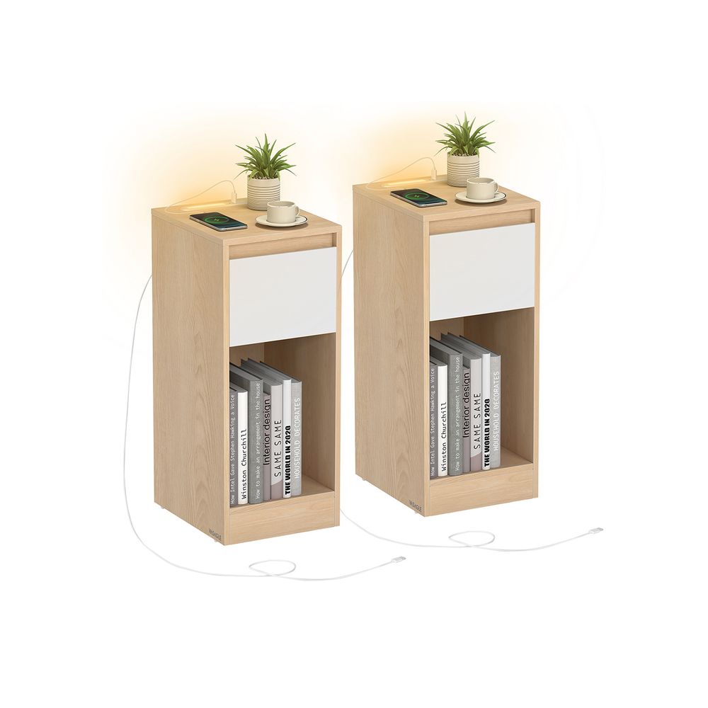 Bedside Table - Integrated Charging Station with LED Light - Slim Storage Drawer Design