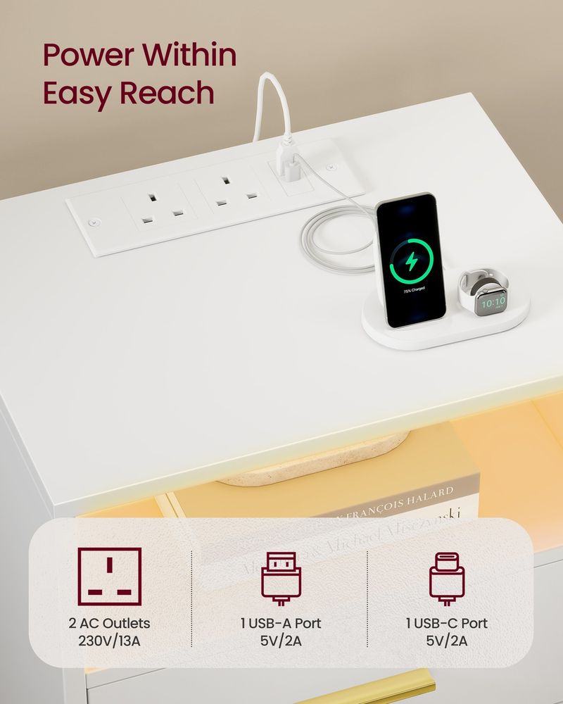 Bedside Table - Integrated Charging Station with LED Lighting - Cloud White Finish