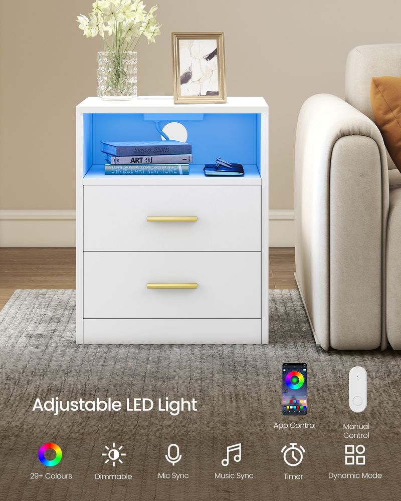 Bedside Table - Integrated Charging Station with LED Lighting - Cloud White Finish