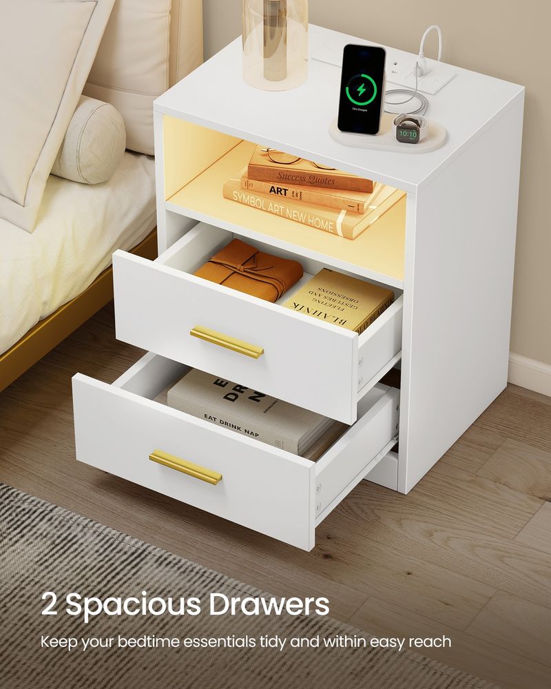 Bedside Table - Integrated Charging Station with LED Lighting - Cloud White Finish