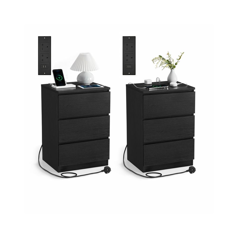 Bedside Table - Integrated Power Strip Design - 3 Drawers Storage Unit