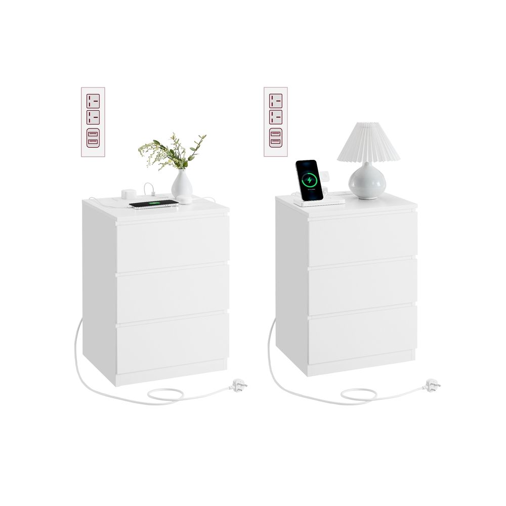 Bedside Table - Integrated Power Strip Design - 3 Drawers Storage Unit