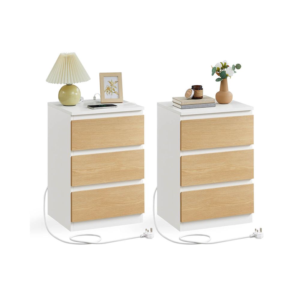 Bedside Table - Integrated Power Strip Design - 3 Drawers Storage Unit