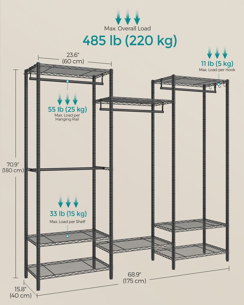 Clothes Rack - Metal Frame with Shelving Storage - Freestanding Wardrobe Unit