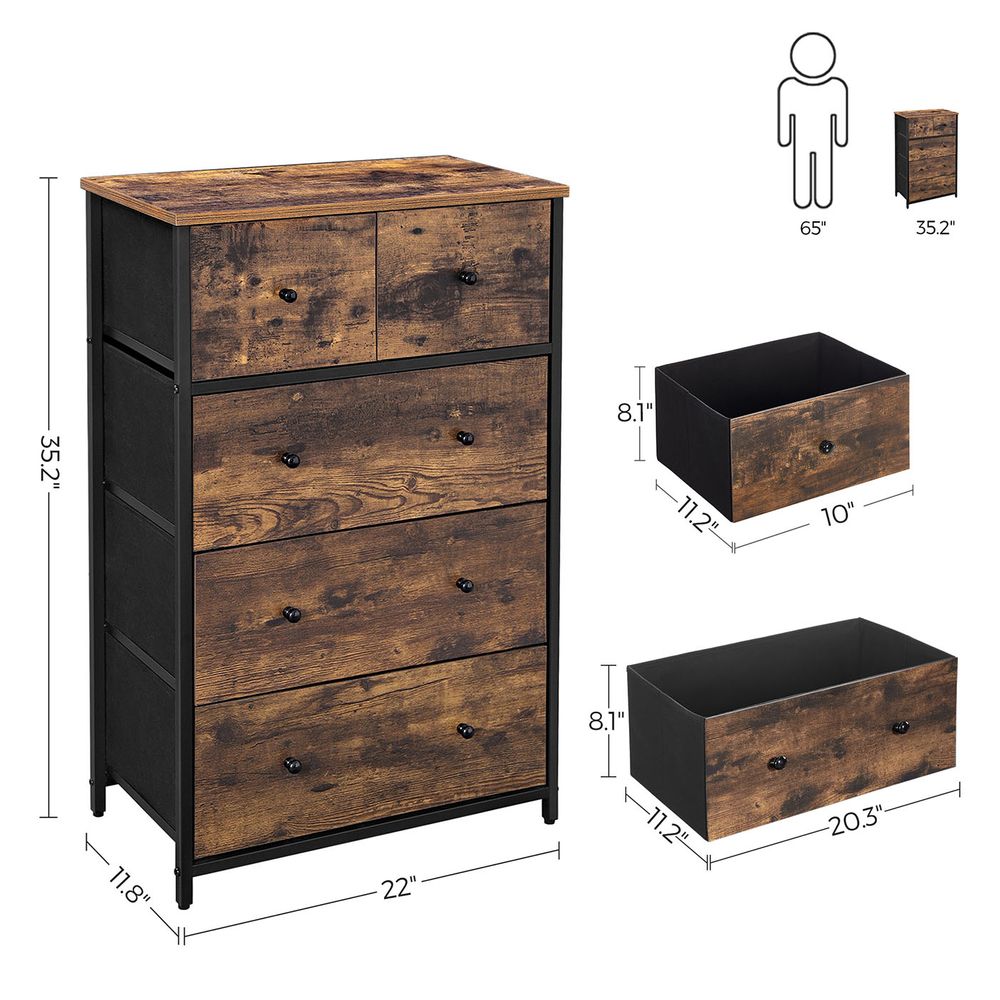Chest of Drawers - 5 Fabric Drawer Storage - Rustic Brown Organiser Unit