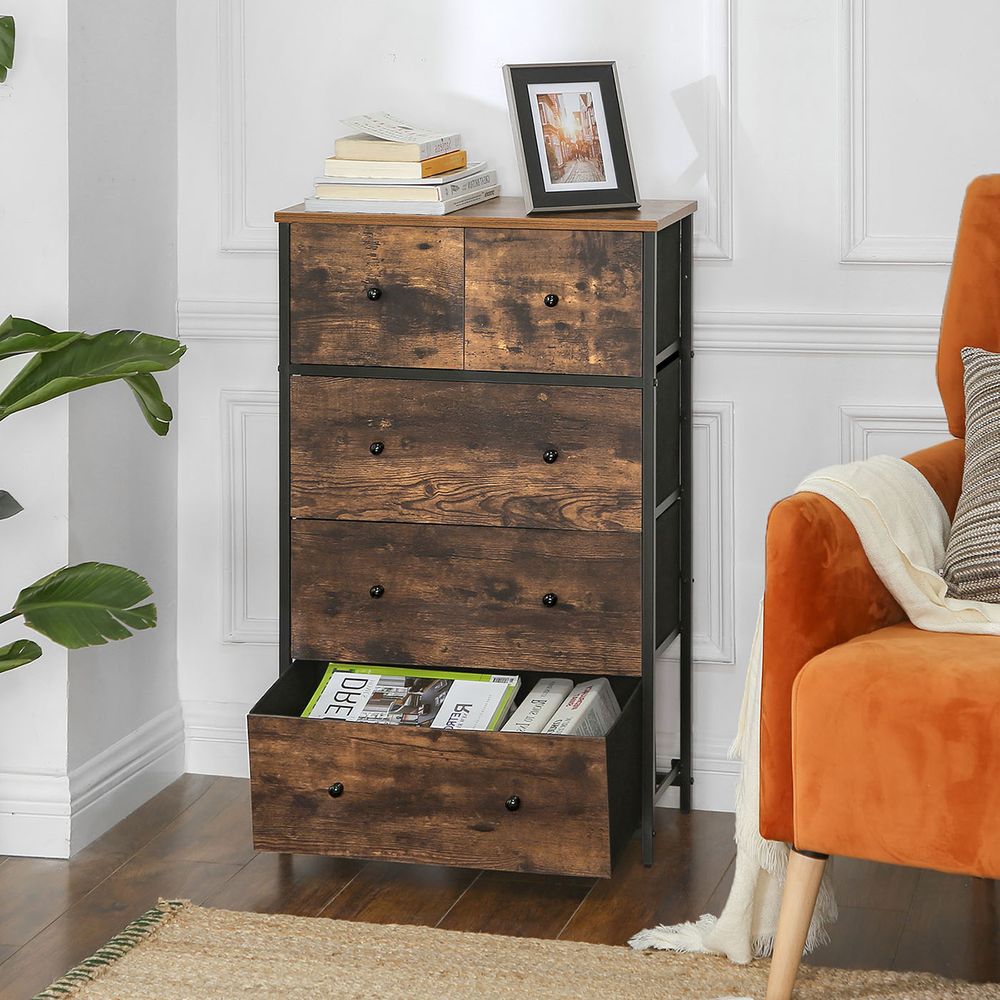 Chest of Drawers - 5 Fabric Drawer Storage - Rustic Brown Organiser Unit