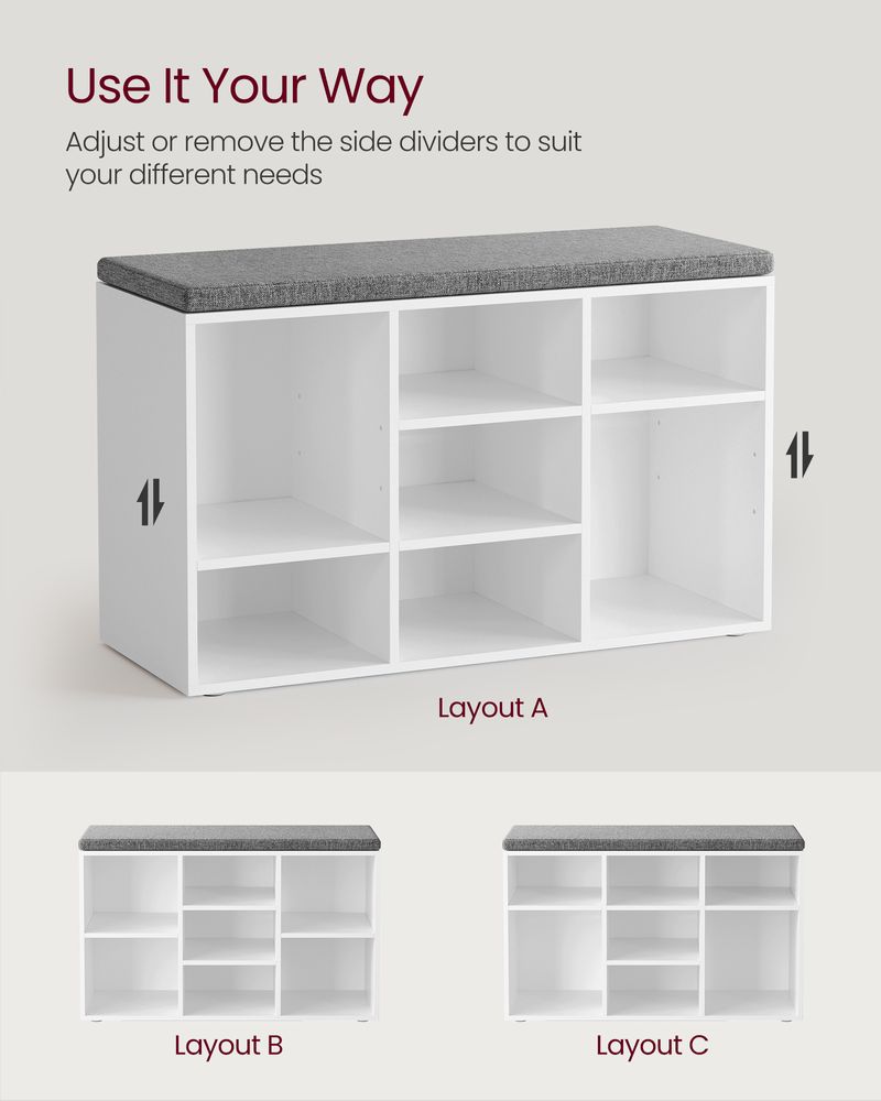 Storage Bench - Padded Seat Storage - 9 Compartments