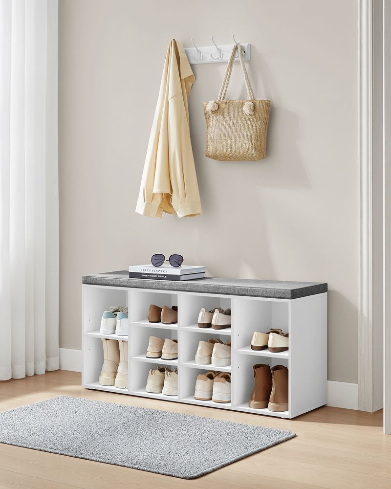 Shoe Bench - Cushioned Seat Storage - 10 Compartments