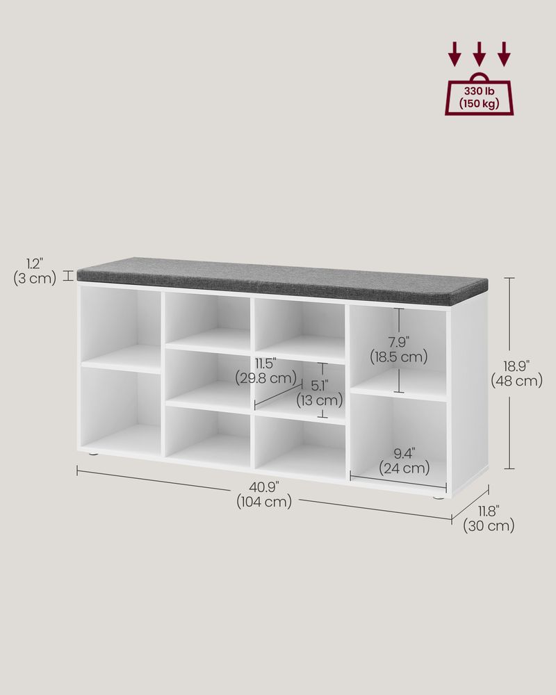 Shoe Bench - Cushioned Seat Storage - 10 Compartments
