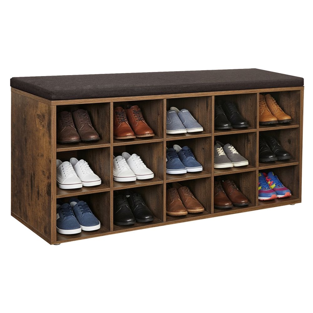 Shoe Bench - Cushioned Seat Storage - 15 Compartments