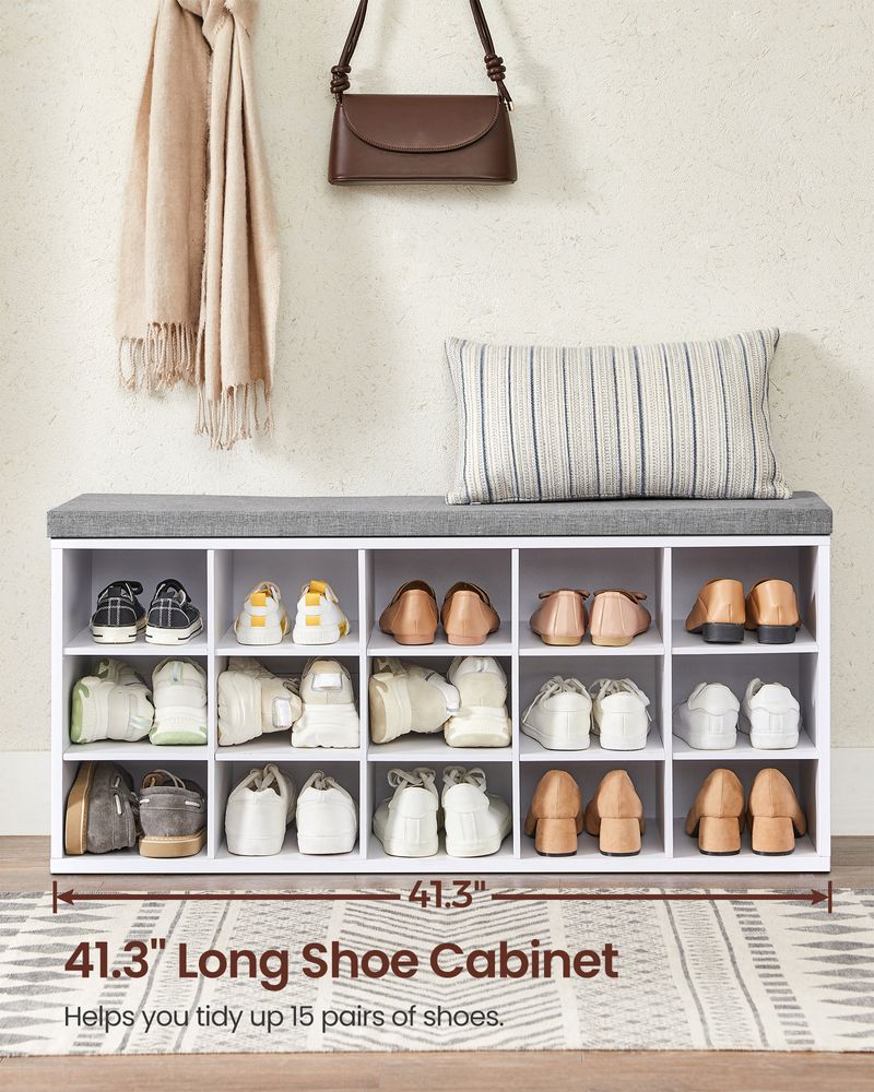 Shoe Bench - Cushioned Seat Storage - 15 Compartments