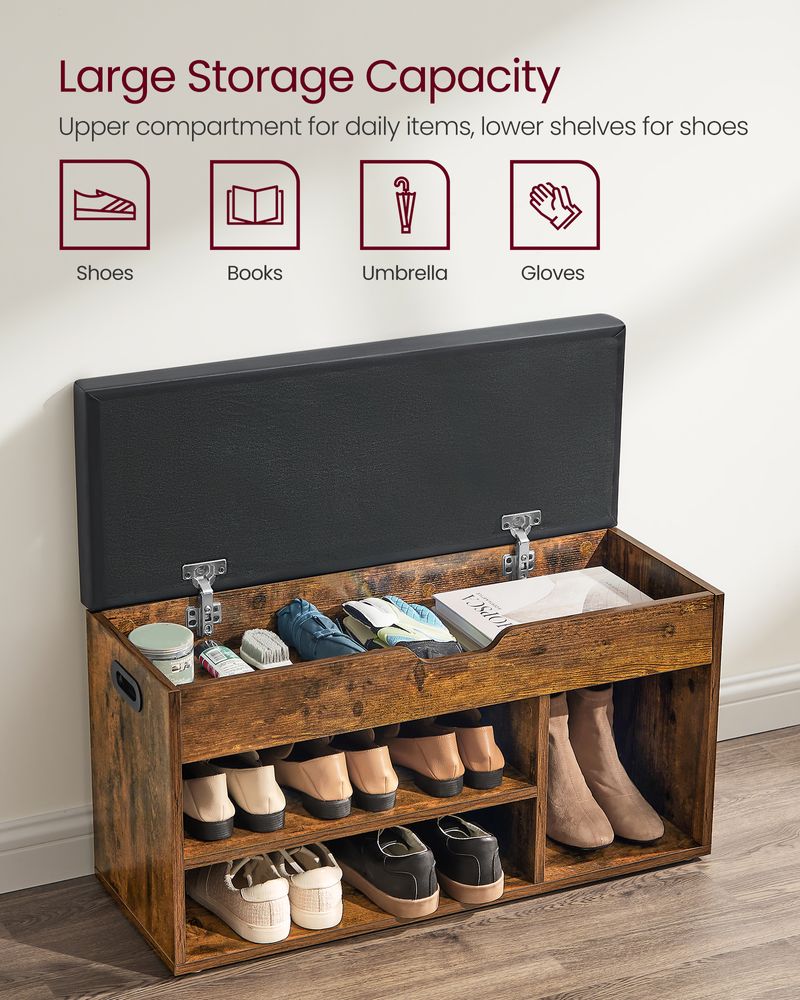 Shoe Bench - Padded Seat Storage - 3 Compartments