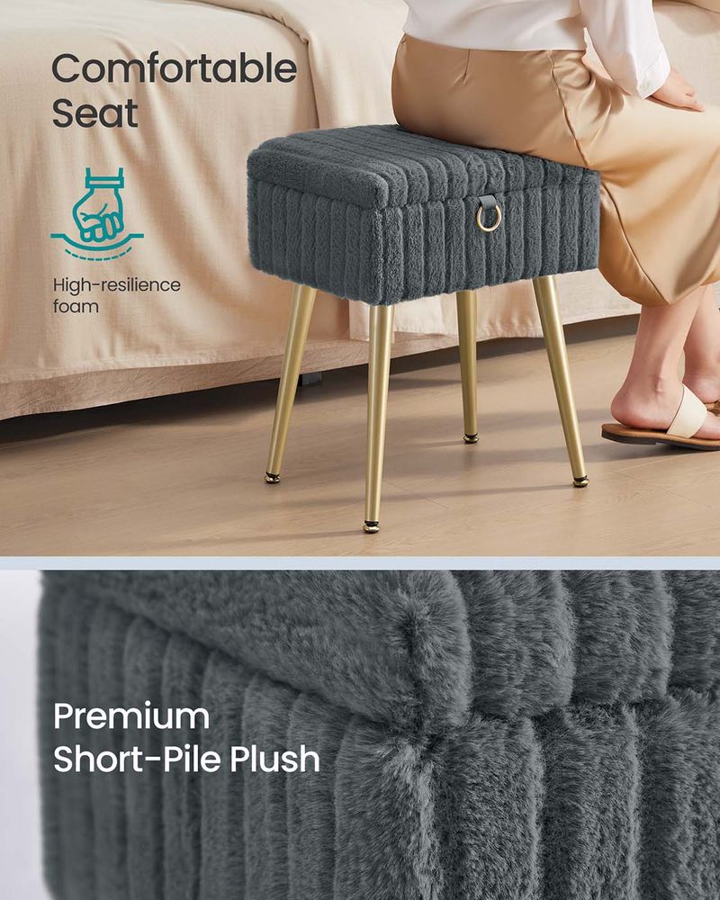 Vanity Stool - Storage Seat with Metal Legs - Upholstered Design