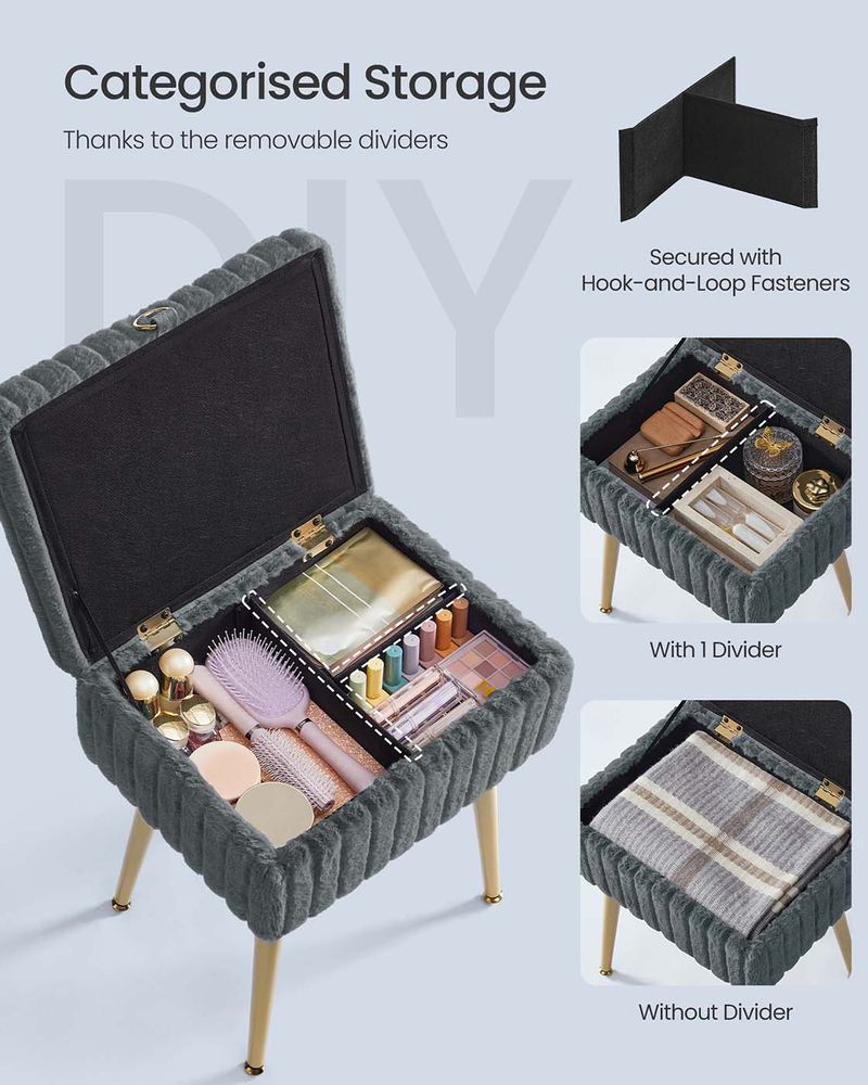 Vanity Stool - Storage Seat with Metal Legs - Upholstered Design