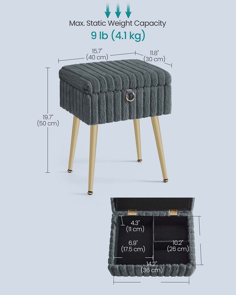 Vanity Stool - Storage Seat with Metal Legs - Upholstered Design