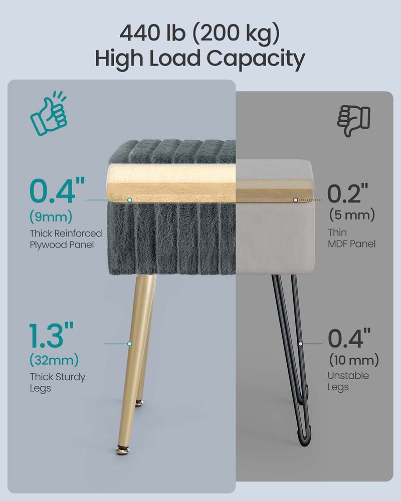Vanity Stool - Storage Seat with Metal Legs - Upholstered Design
