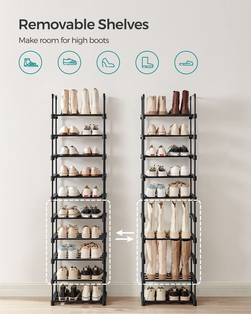 Shoe Rack - 10 Tier Metal Storage - 30 x 45 x 174 cm Black