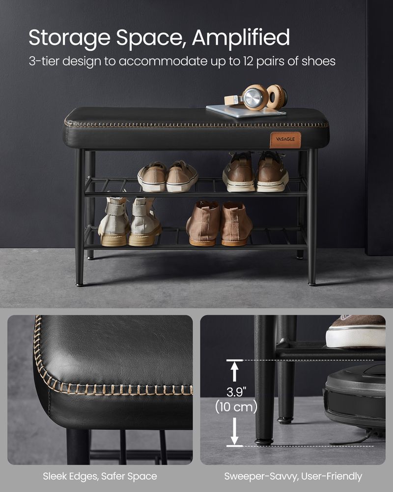 Shoe Bench - Synthetic Leather Seat - 3 Tier Storage