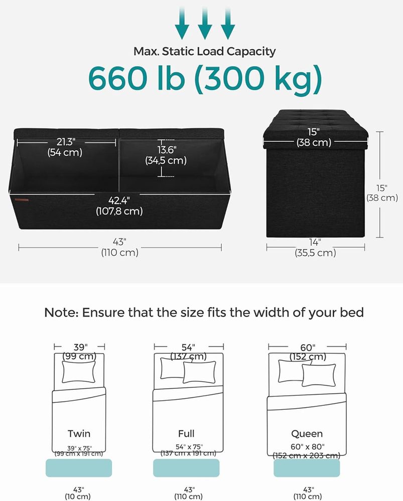 Ottoman Storage Box - 120L Lift-Up Lid Design - Black Finish Unit