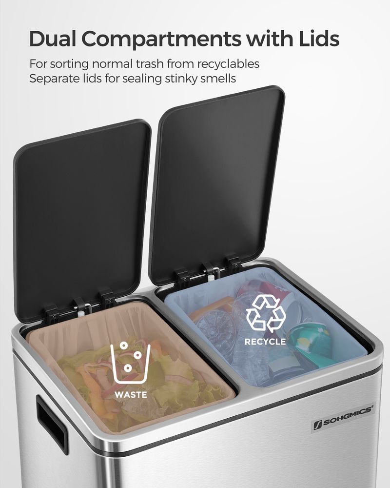 Pedal Bin - Dual Compartment Design - 2 x 15L Kitchen Waste Bin Unit