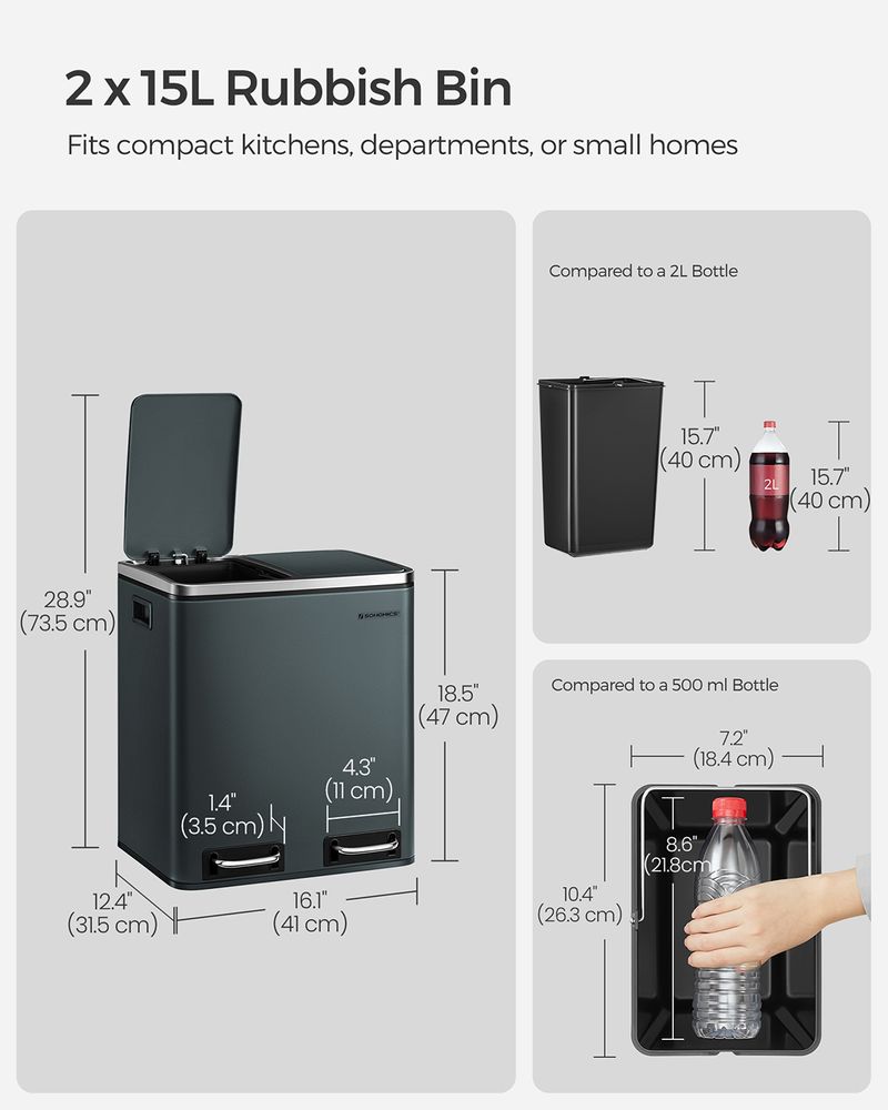 Pedal Bin - Dual Compartment Design - 2 x 15L Kitchen Waste Bin Unit