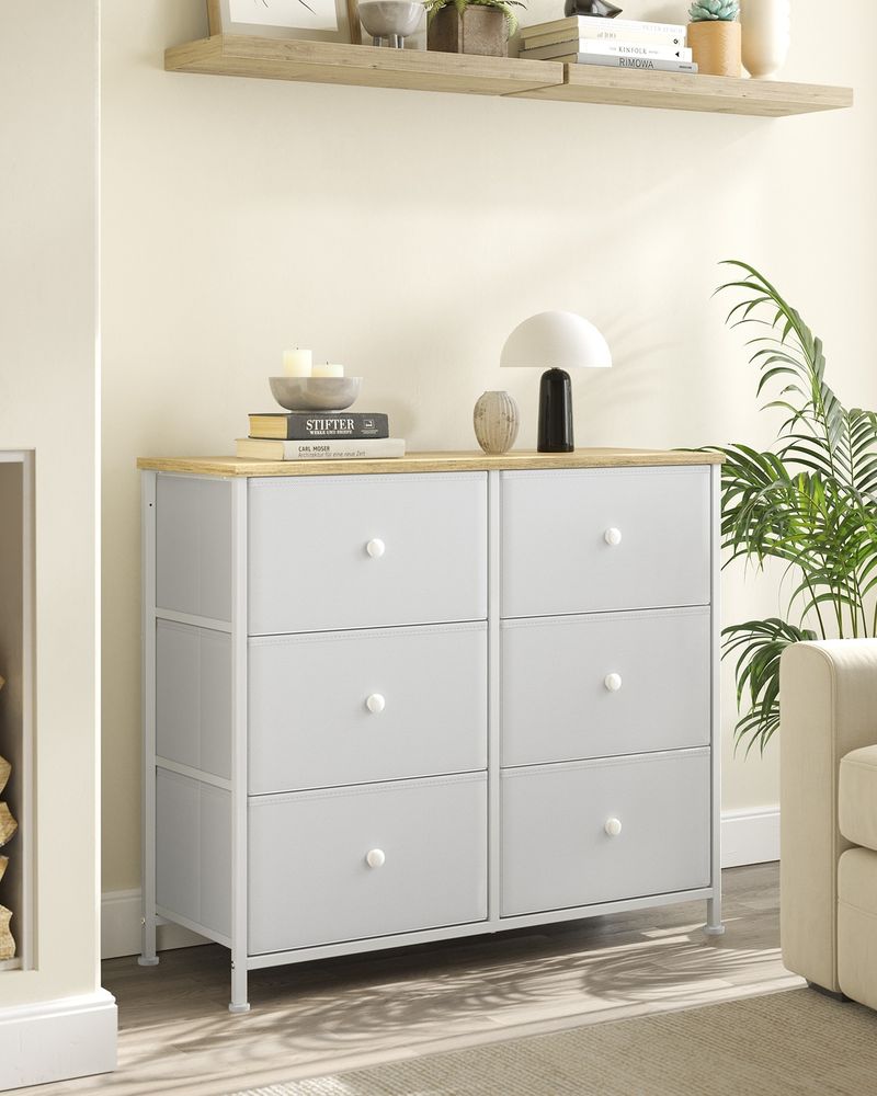 Chest of Drawers - 6 Fabric Drawer Storage - White & Oak Metal Frame Unit