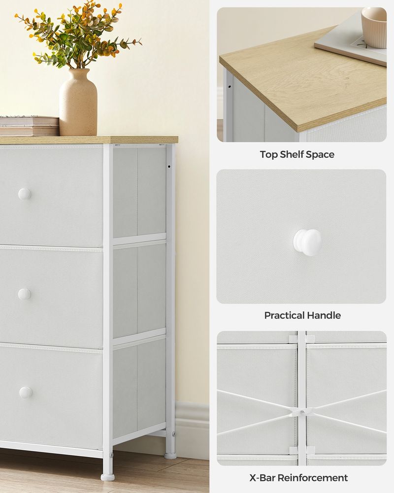 Chest of Drawers - 6 Fabric Drawer Storage - White & Oak Metal Frame Unit