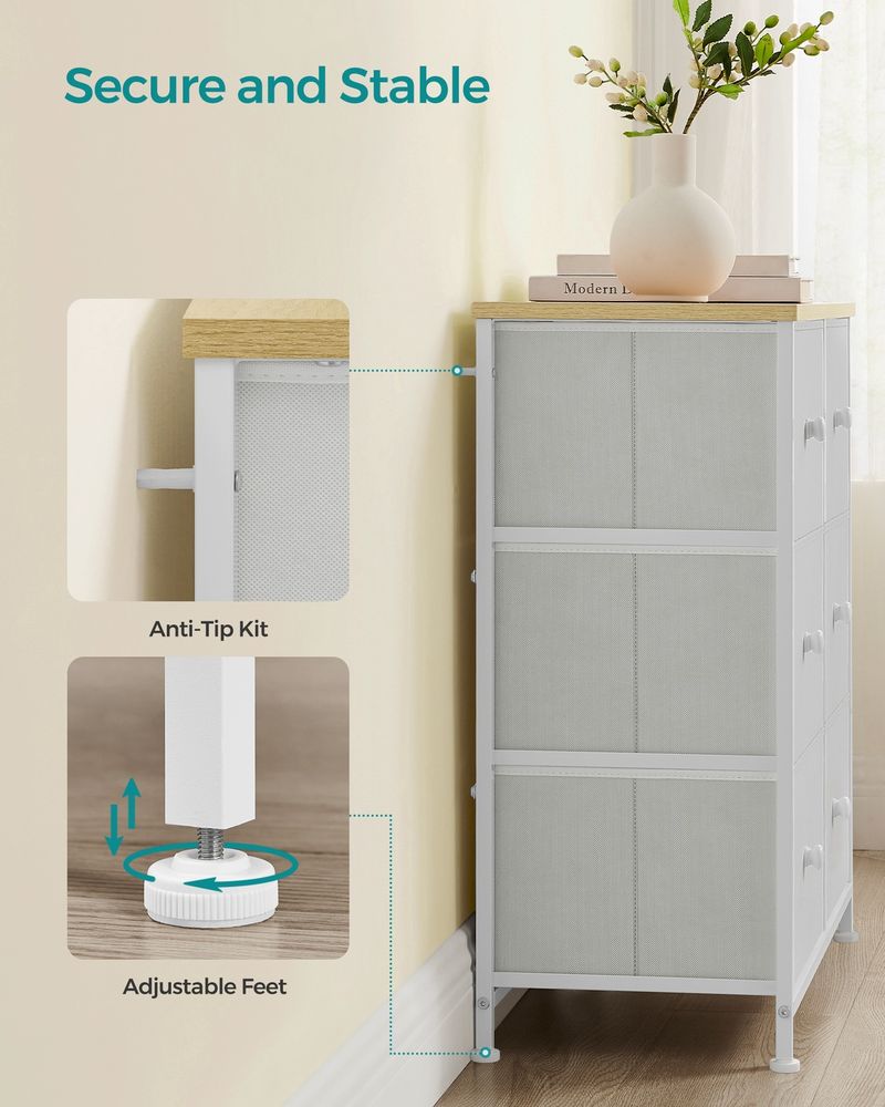 Chest of Drawers - 6 Fabric Drawer Storage - White & Oak Metal Frame Unit