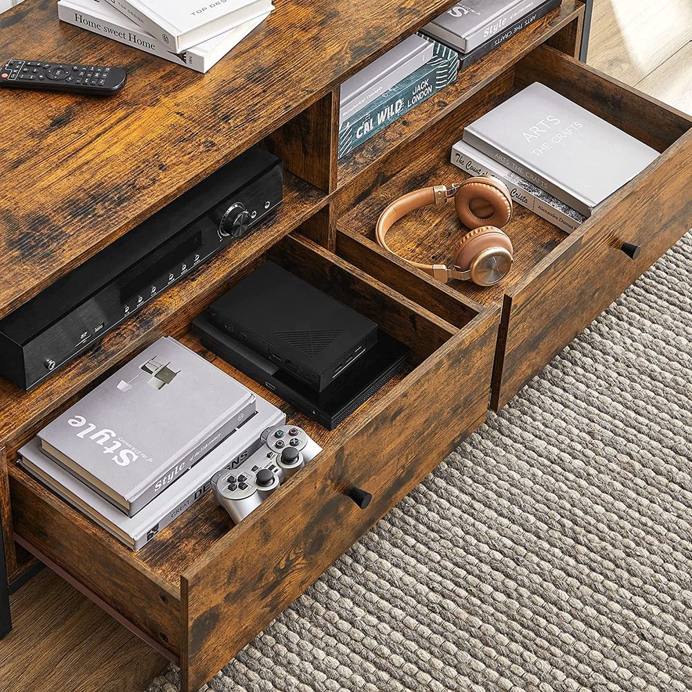 TV Stand - 2 Drawer Storage Design - Brown Finish Cabinet
