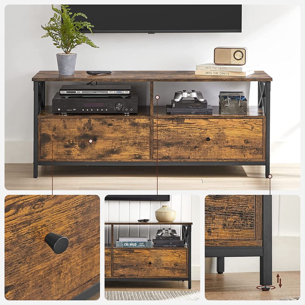 TV Stand - 2 Drawer Storage Design - Brown Finish Cabinet