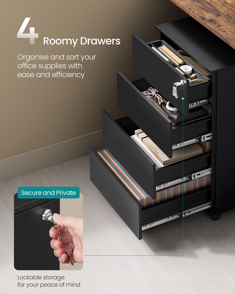 Filing Cabinet - Lockable Storage Design - 4-Drawer Mobile Unit