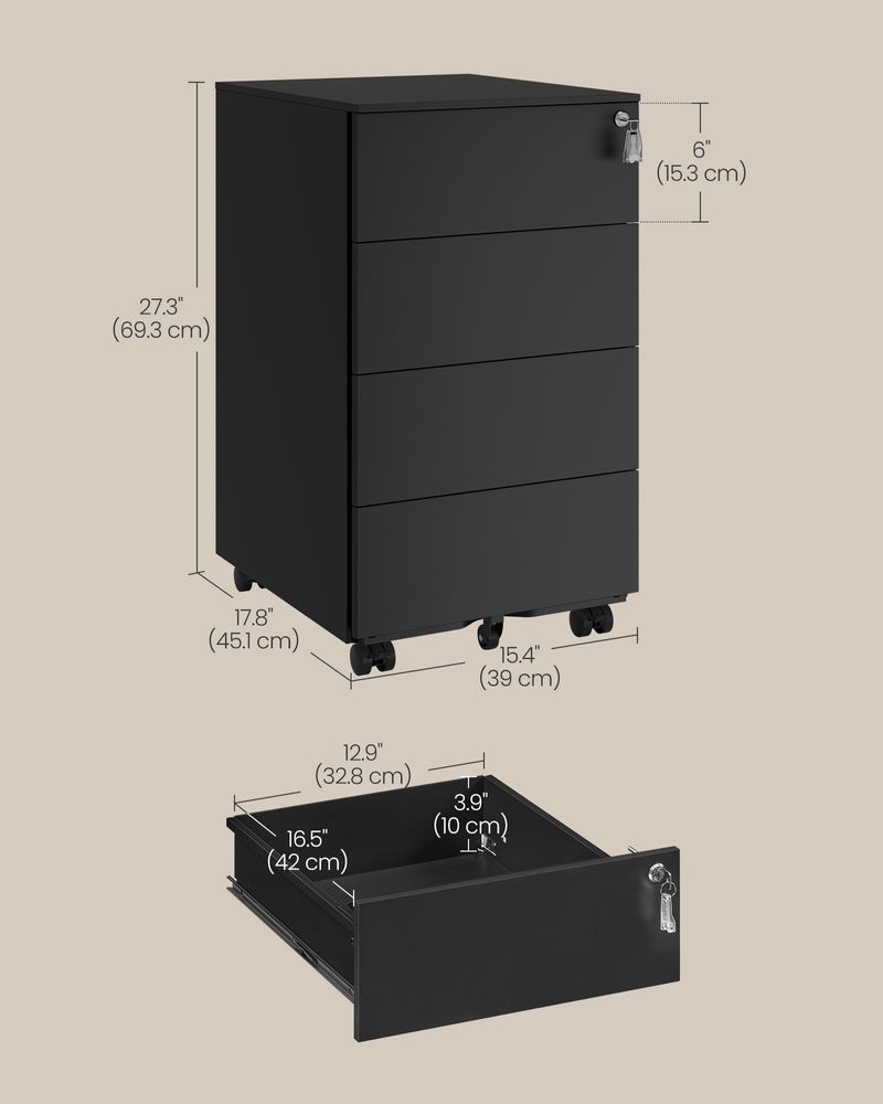 Filing Cabinet - Lockable Storage Design - 4-Drawer Mobile Unit