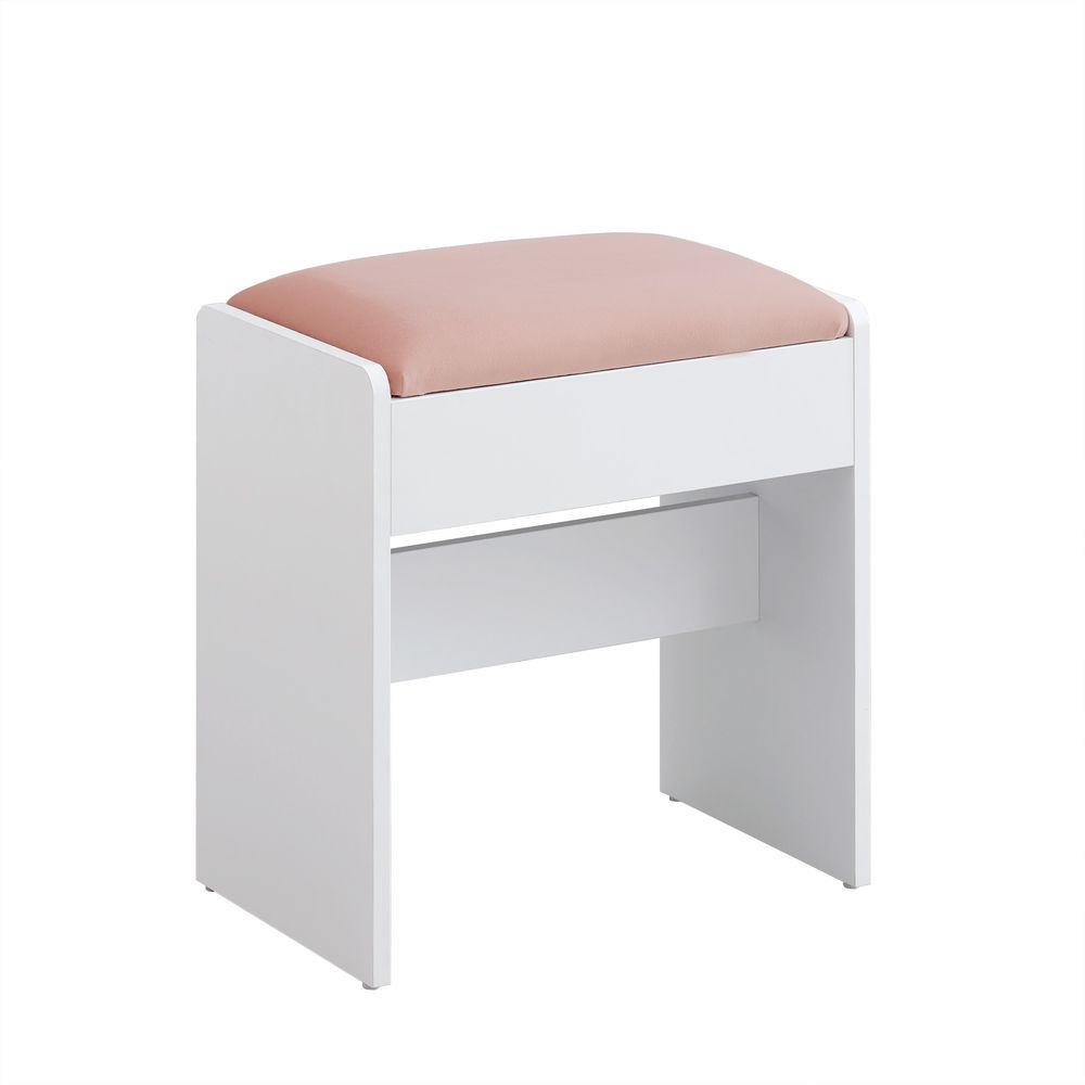 Makeup Stool - Upholstered Vanity Seat Design - Matte White and Pink Finish