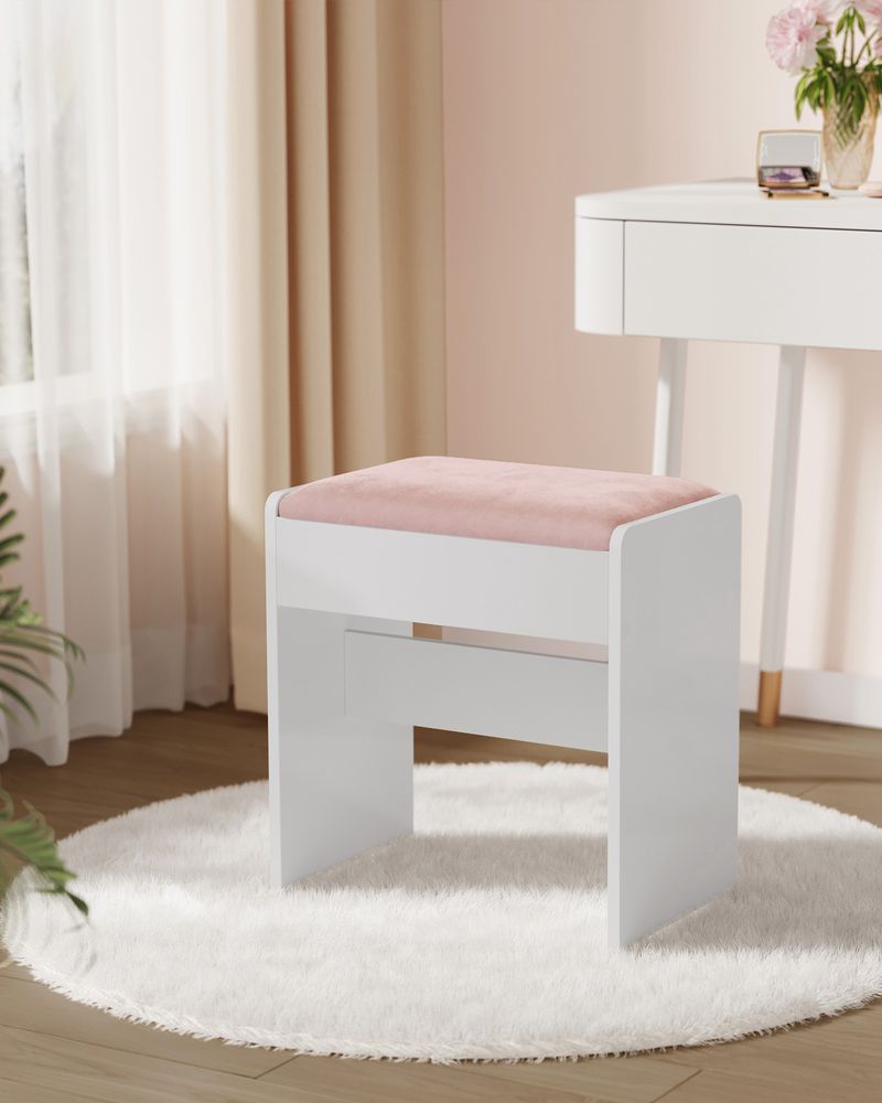 Makeup Stool - Upholstered Vanity Seat Design - Matte White and Pink Finish