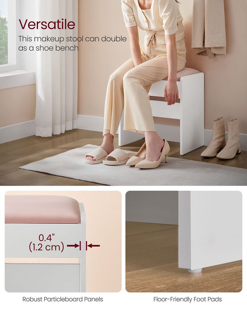 Makeup Stool - Upholstered Vanity Seat Design - Matte White and Pink Finish