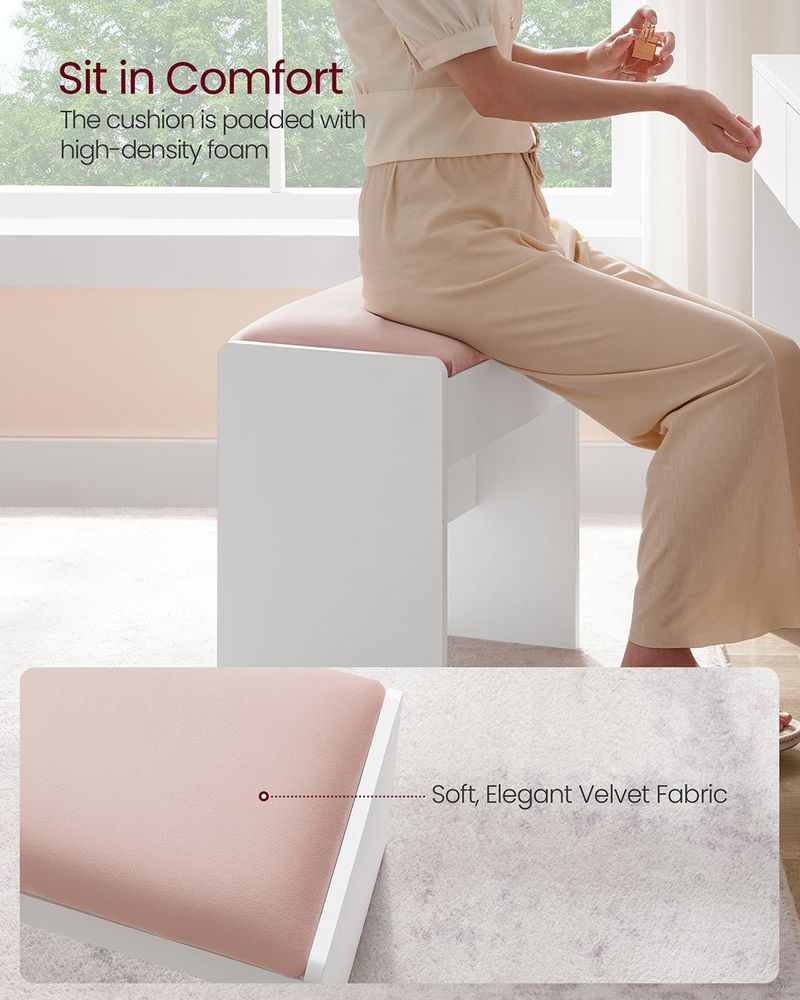 Makeup Stool - Upholstered Vanity Seat Design - Matte White and Pink Finish