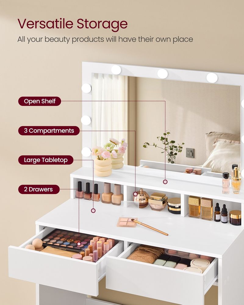 Dressing Table - Large Mirror with LED Lights - White Finish