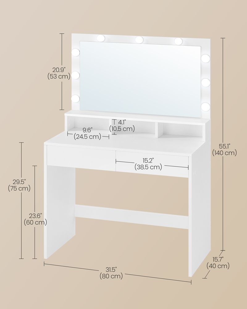Dressing Table - Large Mirror with LED Lights - White Finish