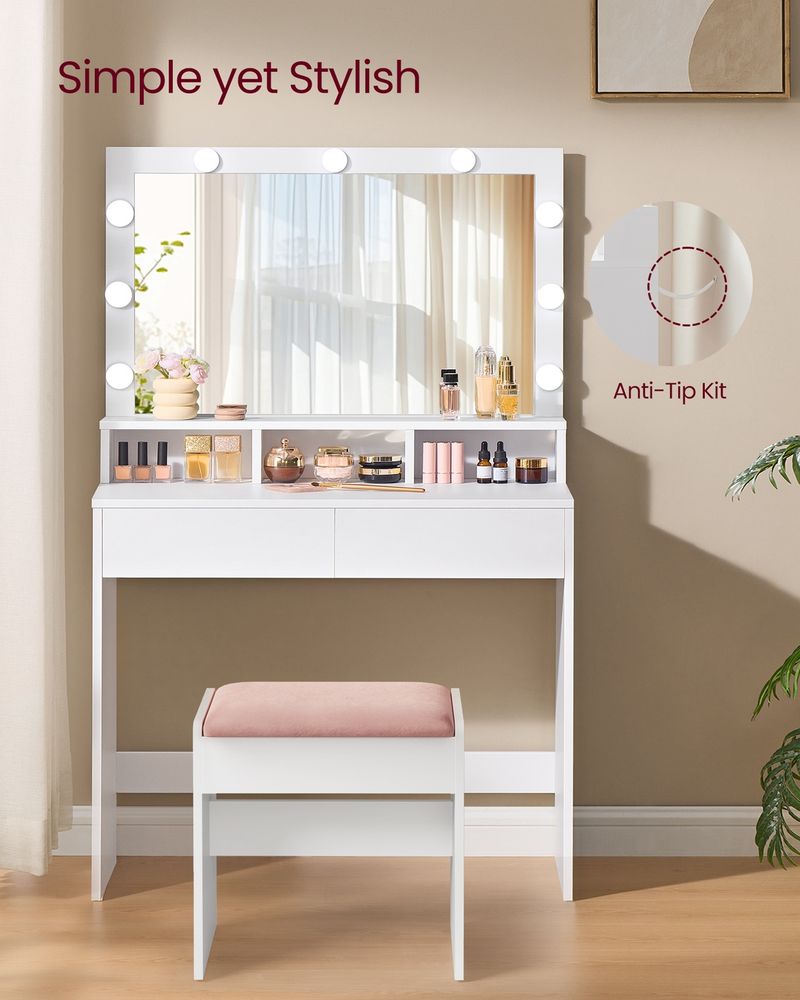 Dressing Table - Large Mirror with LED Lights - White Finish