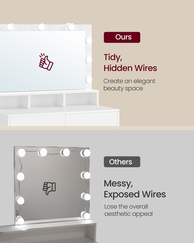 Dressing Table - Large Mirror with LED Lights - White Finish